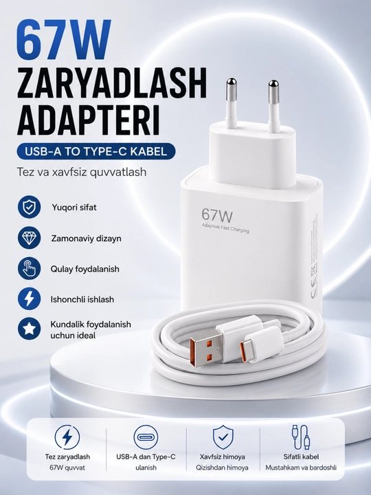 33W / 67W / 120W Tezkor Zaryadlovchi Adapter – USB-C Fast Charger To'plami - 