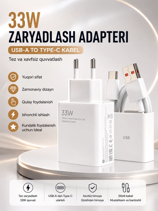 33W / 67W / 120W Tezkor Zaryadlovchi Adapter – USB-C Fast Charger To'plami - 