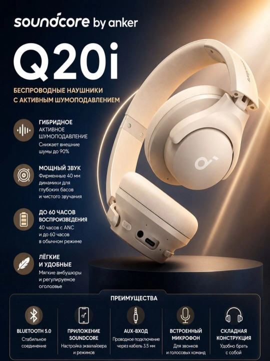 Soundcore Q20i — Simsiz naushniklar, ANC, chuqur bass, 40 soat ishlash - 