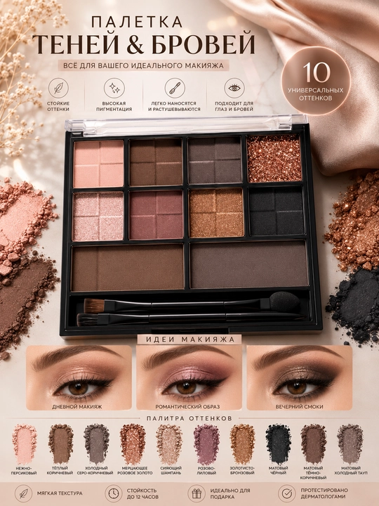 Палетка для глаз и бровей Royal Brown — 10 универсальных оттенков