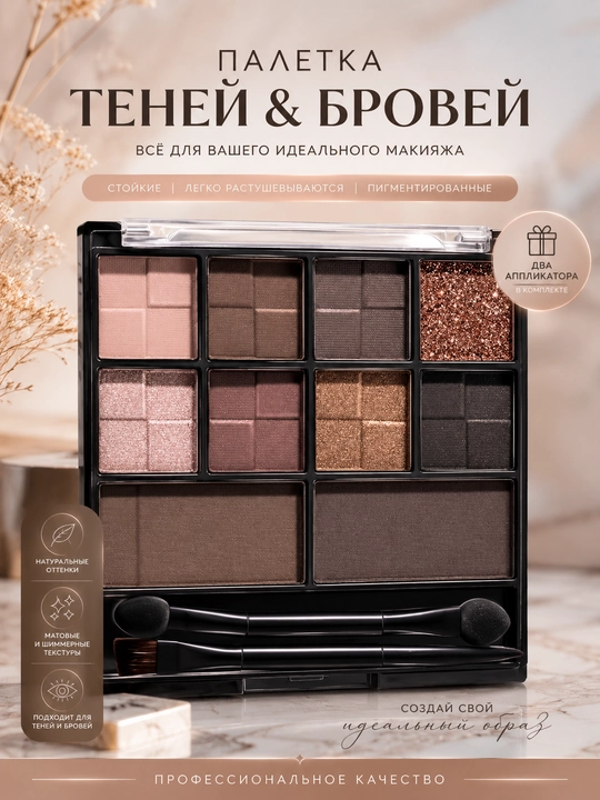 Палетка для глаз и бровей Royal Brown — 10 универсальных оттенков - 