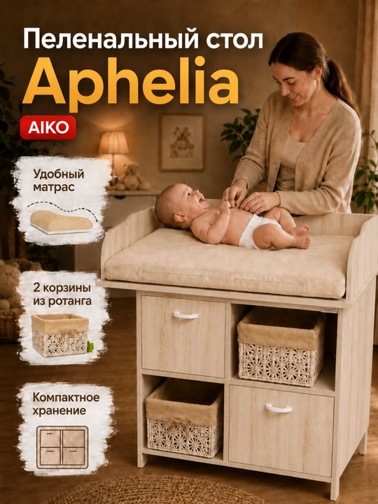 Chaqaloqlar uchun parvarish stoli AIKO Aphelia, penalli stol, pelenalniy stol - 