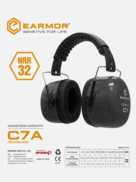 EARMOR C7A shovqinga qarshi naushniklari, eshitishni himoya qilish, NRR 32 dB