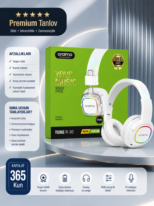 Oraimo TURE R-30 Беспроводные Bluetooth Наушники, RGB, Микрофон, Стерео, 48 ч - 