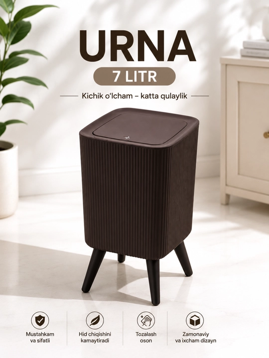 Oyoqli axlat qutisi, 16 litr, qopqoqli urna, plastik chiqindi chelagi, 29×24×55 sm - 