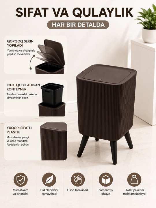 Oyoqli axlat qutisi, 16 litr, qopqoqli urna, plastik chiqindi chelagi, 29×24×55 sm
