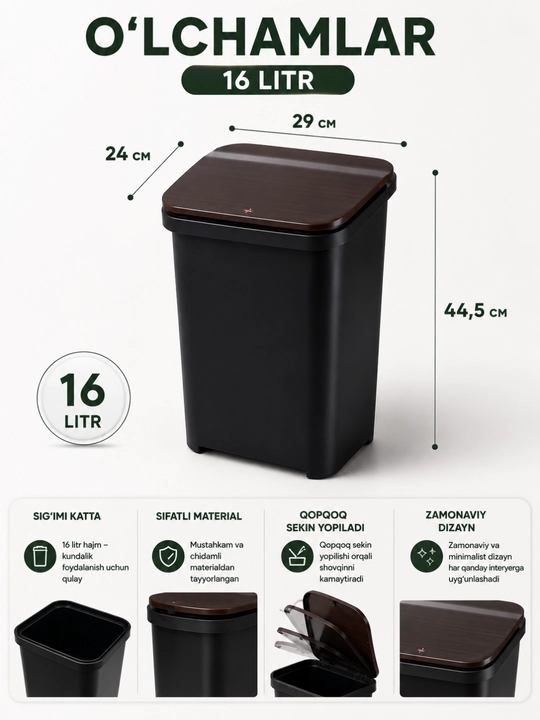 Oyoqli axlat qutisi, 16 litr, qopqoqli urna, plastik chiqindi chelagi, 29×24×55 sm