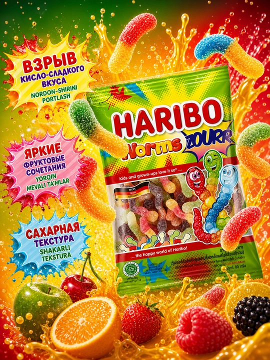 Haribo chaynalgan marmelad Worms zourr, nordon qurtlar, 80 gr,