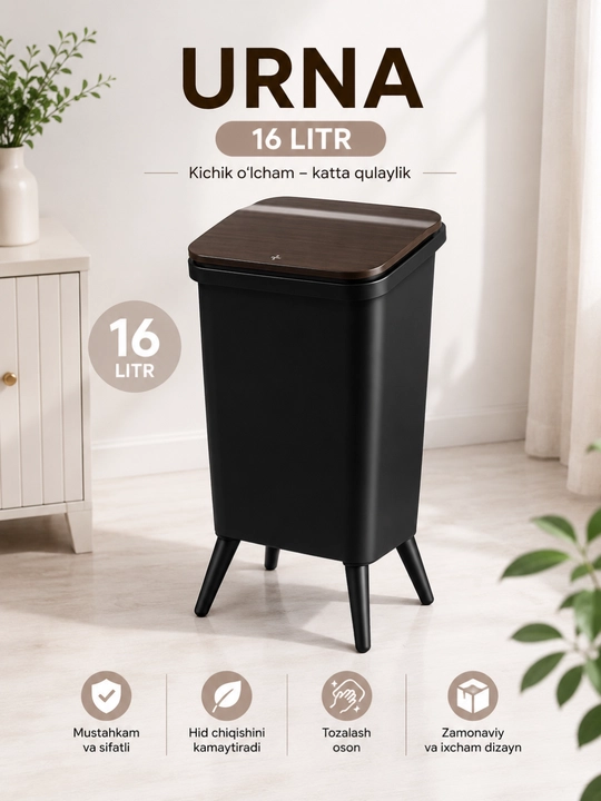 Oyoqli axlat qutisi, 16 litr, qopqoqli urna, plastik chiqindi chelagi, 29×24×55 sm - 