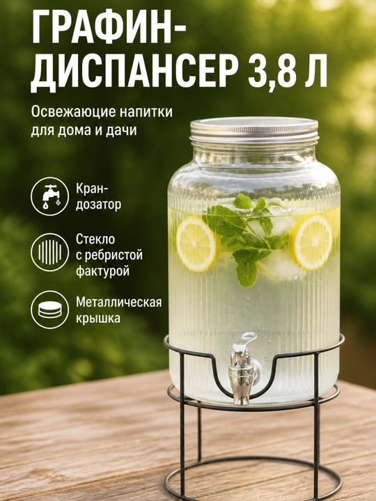 Стеклянный диспенсер для воды с краном и подставкой, большой графин, диспансер, компотница - 