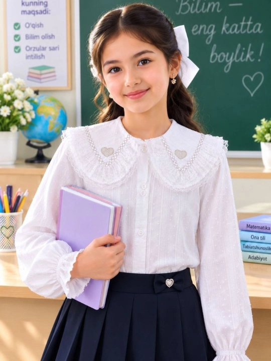Белая блузка, для девочек 7–14 лет, с длинным рукавом и кружевным воротником - 