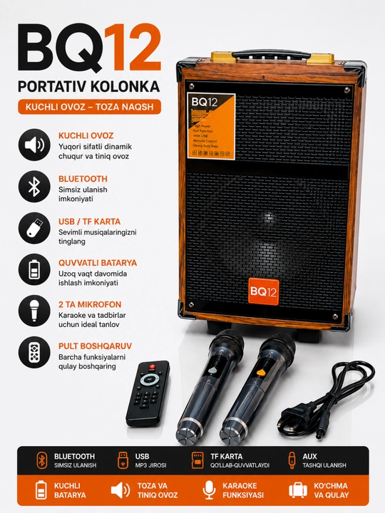 Karaoke Bluetooth kolonka BQ-8, BQ-12 mikrofon bilan, kuchli ovoz - 