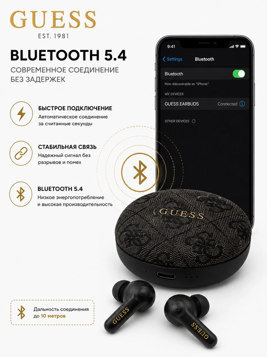 Simsiz quloqchinlar Guess TWS, Bluetooth 5.4, zaryadlash qutisi bilan, USB Type-C