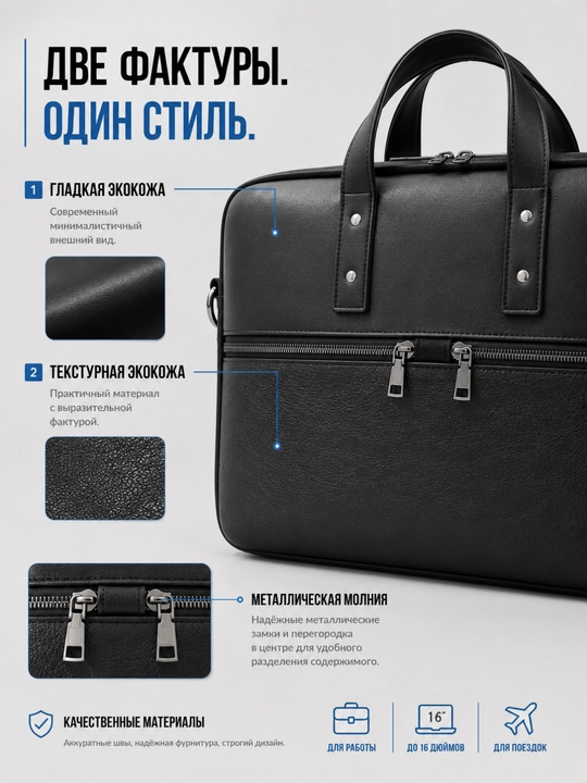 Сумка для ноутбука 15.6, 16" универсальная, экокожа, для работы, учебы и для документов