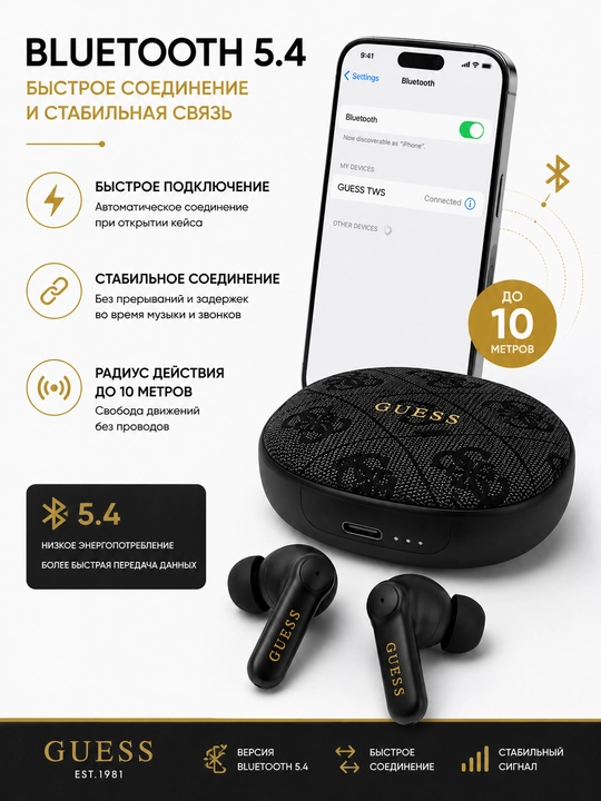 Simsiz quloqchinlar Guess TWS, Bluetooth 5.4, zaryadlash qutisi bilan, USB Type-C