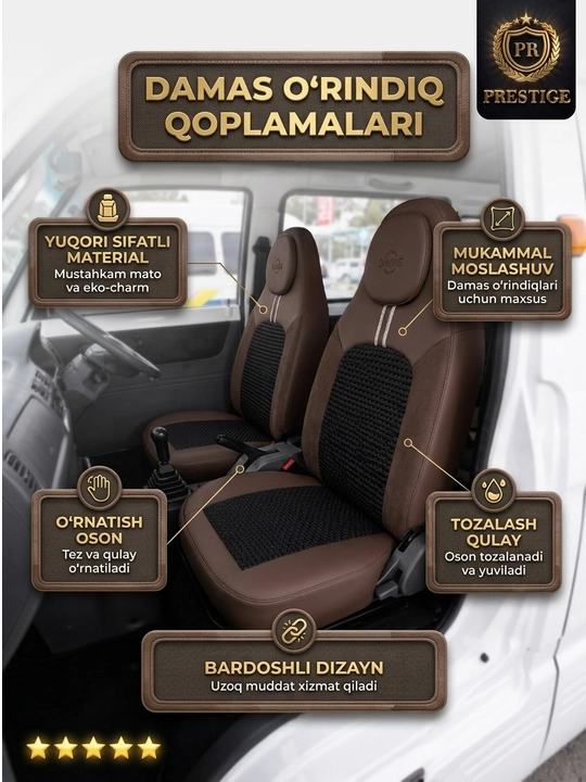 Damas avtomobili uchun o'rindiq chexollari to'plami, eko-charm va to'qima