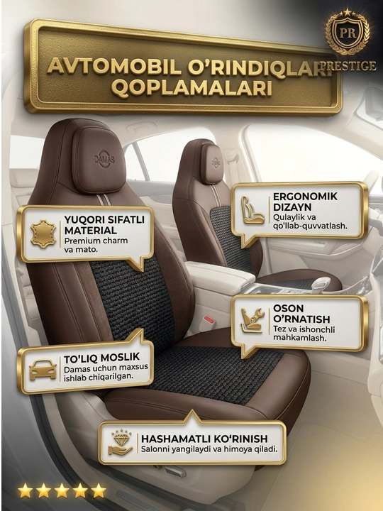 Damas avtomobili uchun o'rindiq chexollari to'plami, eko-charm va to'qima