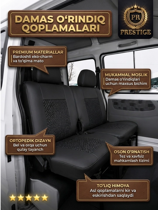 Damas avtomobili uchun o'rindiq chexollari to'plami, eko-charm va to'qima