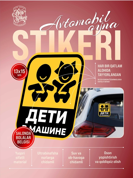 Avtomobil belgilari. Rulda ayol, haydovchi o‘quvchi, mashinada bola - 