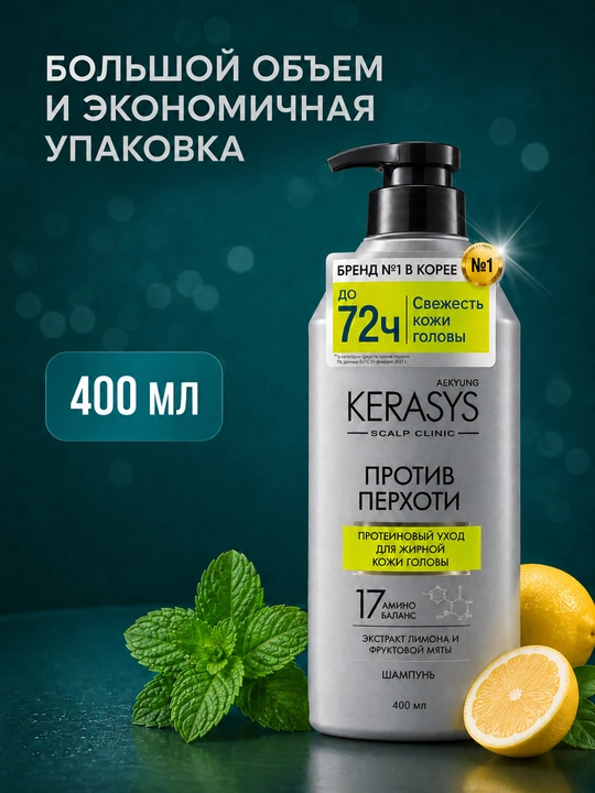 Kerasys erkaklar va ayollar shampuni qazg‘oqqa qarshi yog‘li sochlar uchun, 400 ml, Koreya