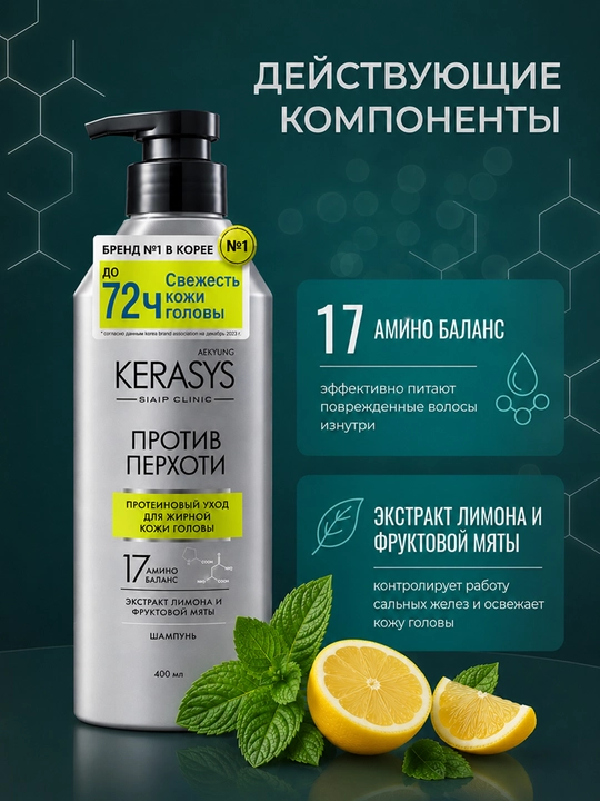 Kerasys erkaklar va ayollar shampuni qazg‘oqqa qarshi yog‘li sochlar uchun, 400 ml, Koreya