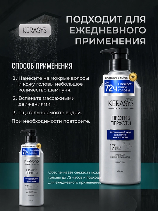 Kerasys erkaklar va ayollar shampuni qazg‘oqqa qarshi yog‘li sochlar uchun, 400 ml, Koreya