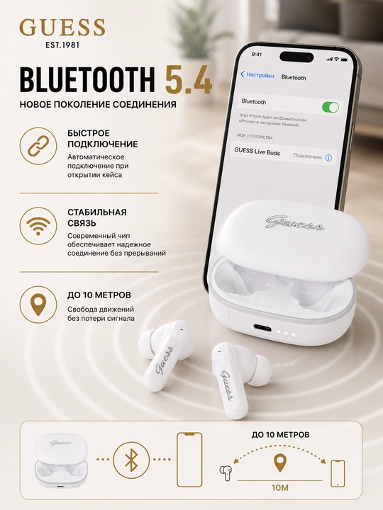 Simsiz quloqchinlar Guess TWS, Bluetooth 5.4, zaryadlash qutisi bilan, USB Type-C