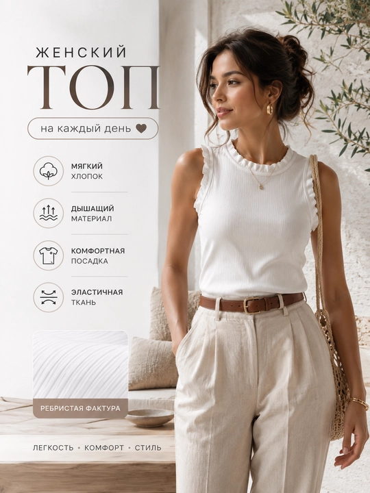 Топ женский, белый топ, базовый топ, хлопковый топ, летний топ, повседневный под рубашку