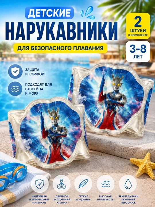 Нарукавники детские для плавания Ultraman, ПВХ, 2 воздушные камеры, 3–8 лет, 2 шт - 