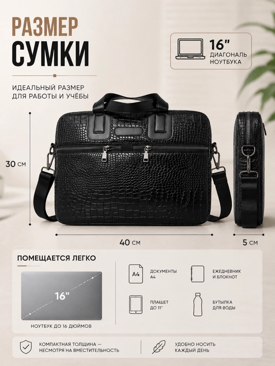 Сумка для ноутбука 15.6, 16" универсальная, экокожа, для работы, учебы и для документов