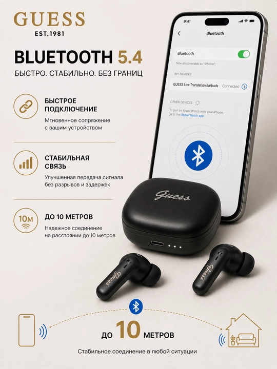 Simsiz quloqchinlar Guess TWS, Bluetooth 5.4, zaryadlash qutisi bilan, USB Type-C