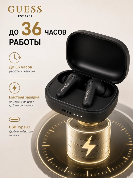 Simsiz quloqchinlar Guess TWS, Bluetooth 5.4, zaryadlash qutisi bilan, USB Type-C