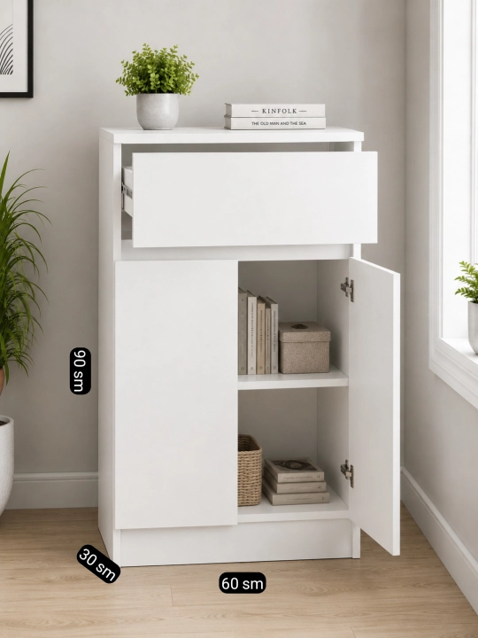 M80.Skandi Mini Komod – Tortmali va Eshikli Universal Saqlash Shkafi 60×30×90 sm