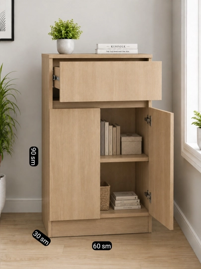 M80.Skandi Mini Komod – Tortmali va Eshikli Universal Saqlash Shkafi 60×30×90 sm