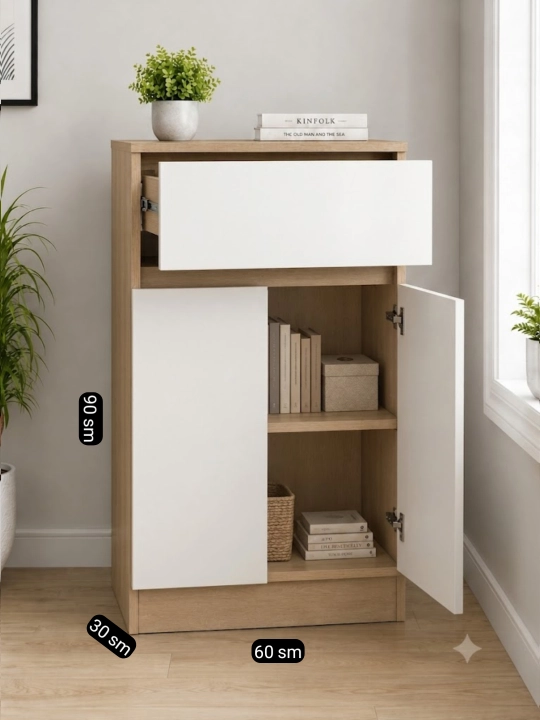 M80.Skandi Mini Komod – Tortmali va Eshikli Universal Saqlash Shkafi 60×30×90 sm
