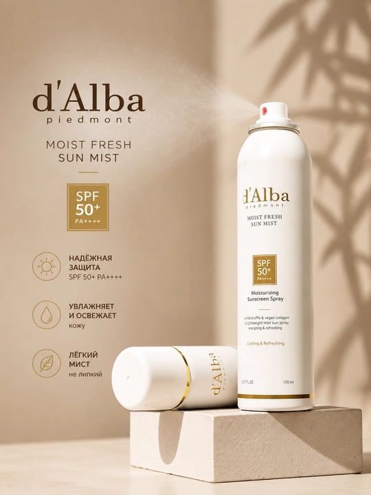 Солнцезащитный увлажняющий спрей d'Alba Piedmont Moist Fresh Sun Mist SPF 50+, 150 мл - 