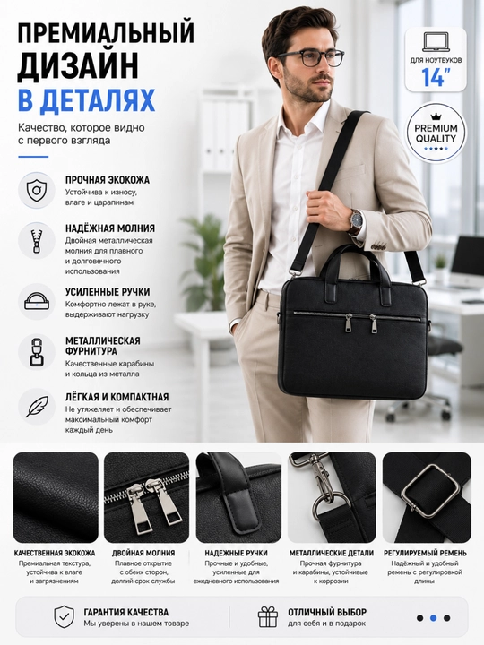 Сумка для ноутбука 13.3, 14" универсальная, экокожа, для работы, учебы и для документов