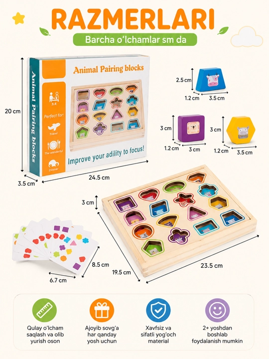 Yog'ochli sorter o'yinchoq, shakllarni moslashtirish o'yini, Montessori 2+ yosh