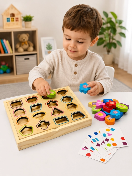 Yog'ochli sorter o'yinchoq, shakllarni moslashtirish o'yini, Montessori 2+ yosh