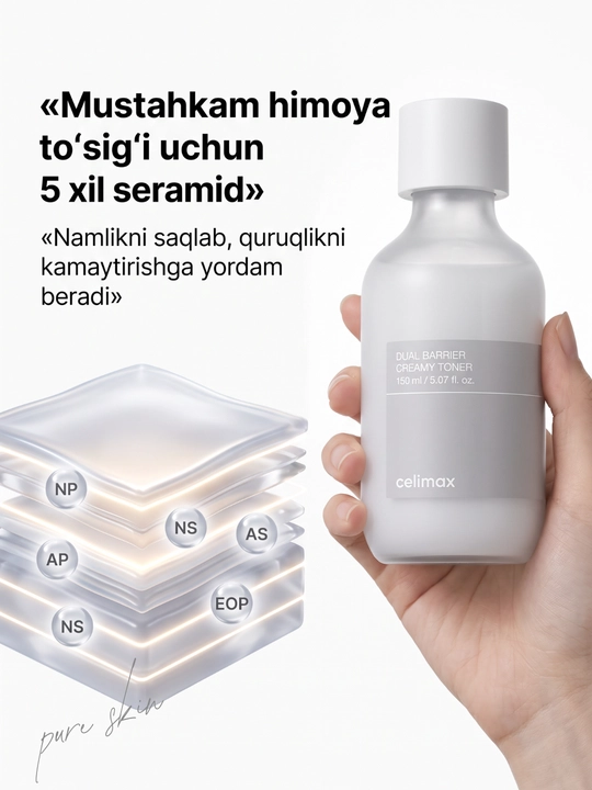 Celimax Dual Barrier Creamy Toner, namlovchi kremsimon yuz toneri, quruq sezgir teri uchun