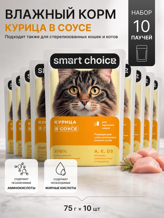 Smart Choice влажный корм для кошек, курица в соусе, 75 г, 10 шт - 