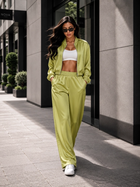 Ayollar uchun uch qismli sport komplekti, bomber, top va keng shim