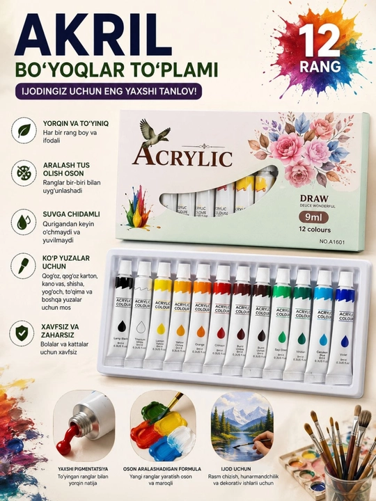 Akril bo'yoq to'plami, haykaltaroshlik, oynalarga chizish,devorlar uchun, 12dona 12 ml - 
