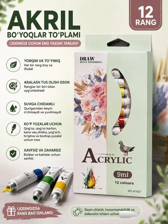 Akril bo'yoq to'plami, haykaltaroshlik, oynalarga chizish,devorlar uchun, 12dona 12 ml