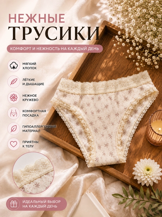 Ayollar paxtali slip ichki kiyimi, gipurli va gulli naqshli, yumshoq nafas oluvchi mato