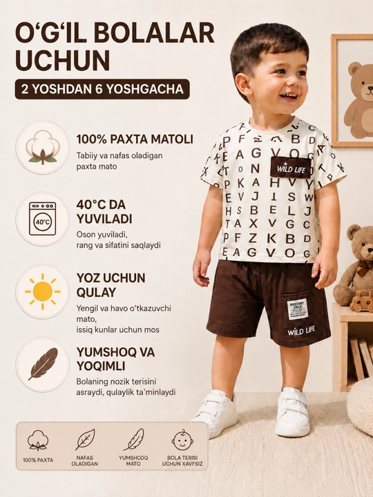 O‘g‘il bolalar uchun futbolka shortik, 2-6 yosh, paxta, yozgi, qulay dvoyka - 