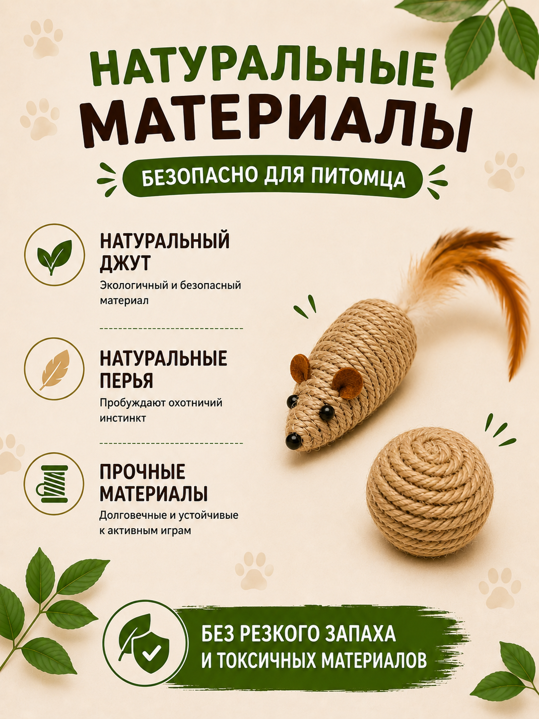 Mushuklar uchun o‘yinchoqlar to‘plami: jutdan yasalgan sichqoncha va to‘pcha, 2 dona