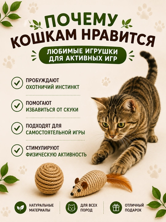 Mushuklar uchun o‘yinchoqlar to‘plami: jutdan yasalgan sichqoncha va to‘pcha, 2 dona