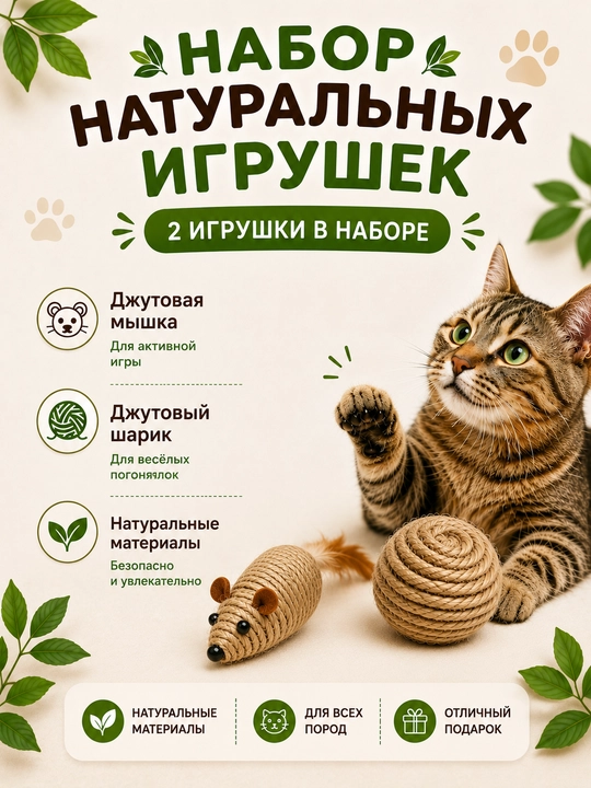 Mushuklar uchun o‘yinchoqlar to‘plami: jutdan yasalgan sichqoncha va to‘pcha, 2 dona