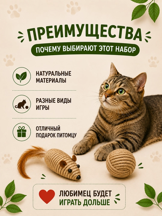 Mushuklar uchun o‘yinchoqlar to‘plami: jutdan yasalgan sichqoncha va to‘pcha, 2 dona